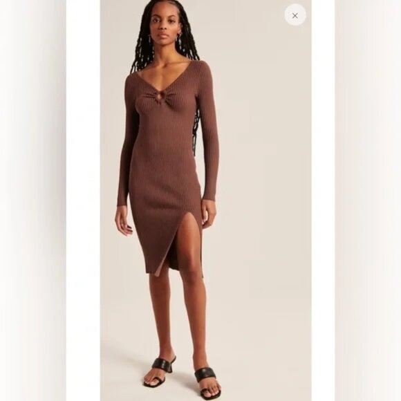 NWT Abercrombie Sweater Dress Black Ribbed Knit Midi V Neck Bodycon Midi XXSP - Picture 7 of 7